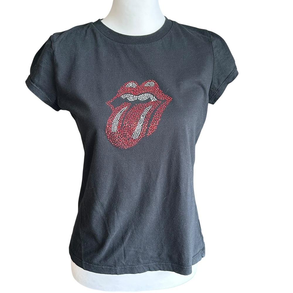 The Rolling Stones Rhinestone T-Shirt Medium Black Y2K Shrunken Short‎ Skeeve